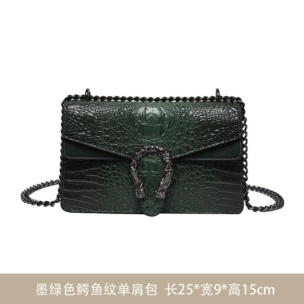 Green one-shoulder bag, crocodile print
