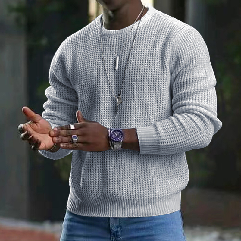 Men's T emu Solid Color Waffle Long Sleeve T-shirt Spring and Autumn New Round Neck Top for Men_voghion.com
