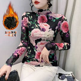 女装2025秋冬时尚洋气高领网纱t恤女加绒加厚上衣图片色