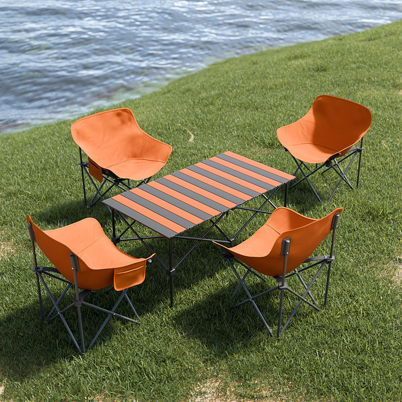 2025 업그레이드 강화모델 + 휴대용 수납벨트 - 오렌지색과 검정색 스티치 [95*55*50cm 긴 테이블] + 오렌지색 의자 4개