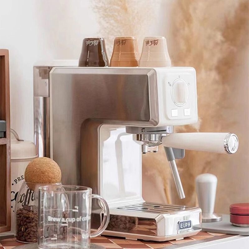 Semi-automatic coffee machine for home and office use, small size, American and Italian style, with steam function, stainless steel body, and milk frothing capability, model 1820