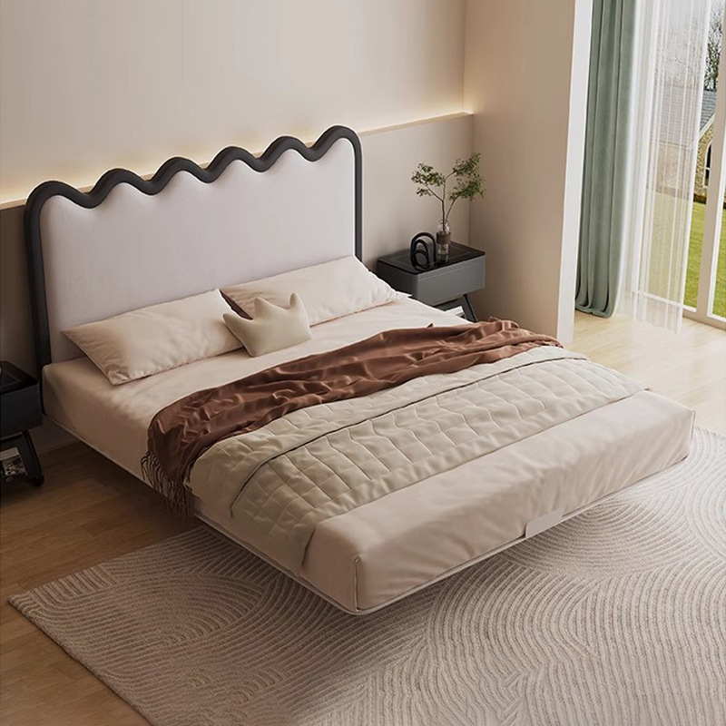 Lecho ondulado flotante estilo ondulado moderno cama de cabecera ultra delgada cama doble cama de tela de acero al carbono cama