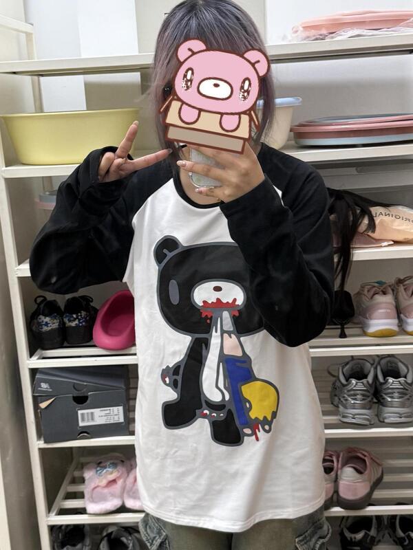 Japanese American Y2K Pink Violent Bear Print Raglan Long Sleeve Cartoon Round Neck Subculture Harajuku Shibuya Style Top