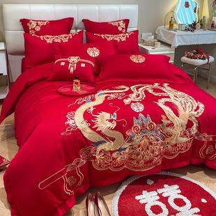 New Chinese embroidery wedding four-piece set skin-friendly satin skin-friendly brushed embroidery wedding multi-piece set national fashion big red happiness