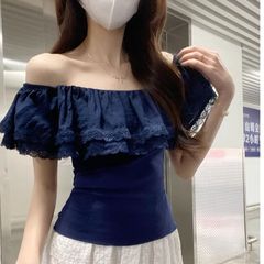 原版质量一字肩蕾丝拼接短袖T恤女款夏季修身设计感露肩气质上衣