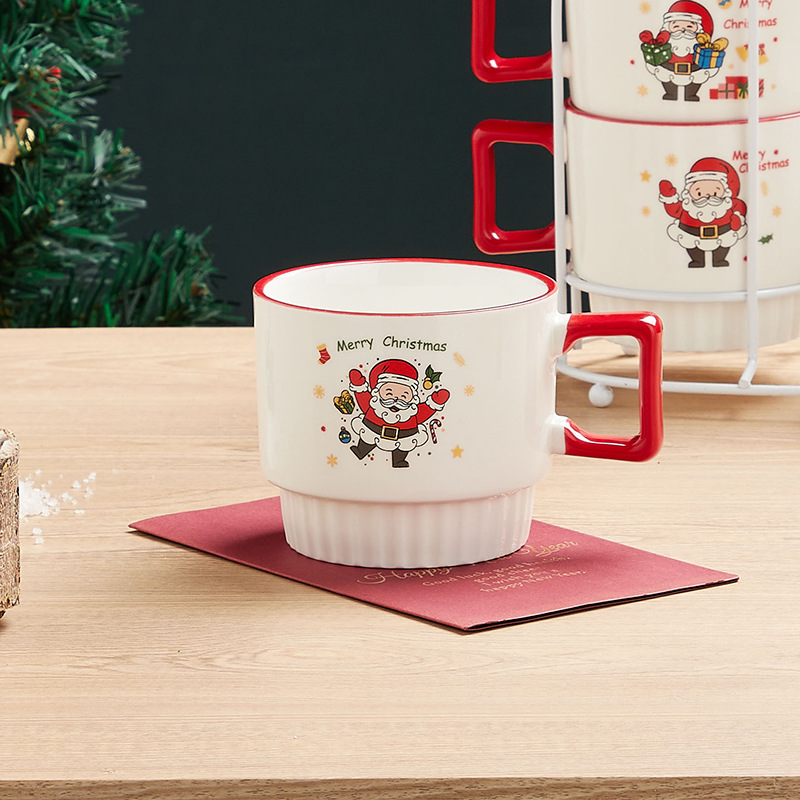 Amazon Venta caliente Navidad taza Taza de cerámica con estante Navidad regalo traje al por mayor