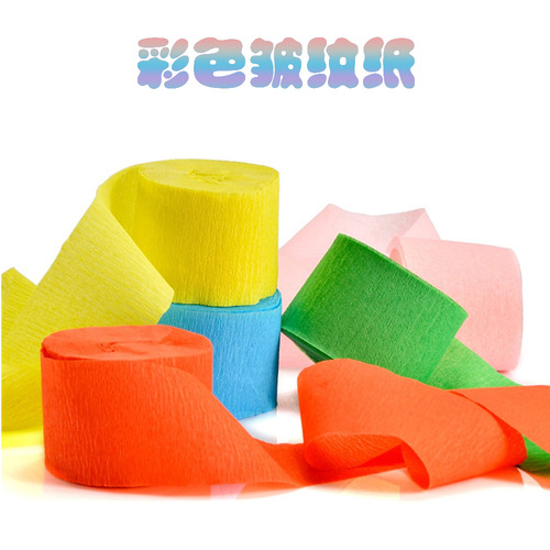 Colorful crepe paper roll with folds, handmade wedding party birthday party background decoration, flower paper streamers