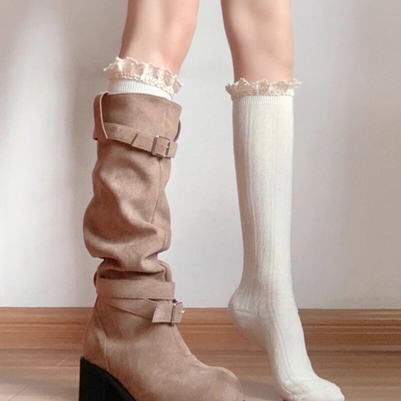 Milk White Lace Calf Socks with Long Boots Japanese-style Twist Stacks Women's Autumn and Winter All-match Knee-length Socks