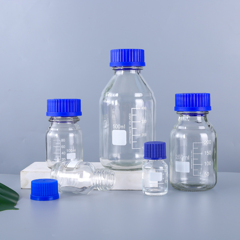 Reagent bottle with blue glass cap, transparent glass bottle with blue cap and sintered glass joint, flow phase bottle, graduated glass bottle