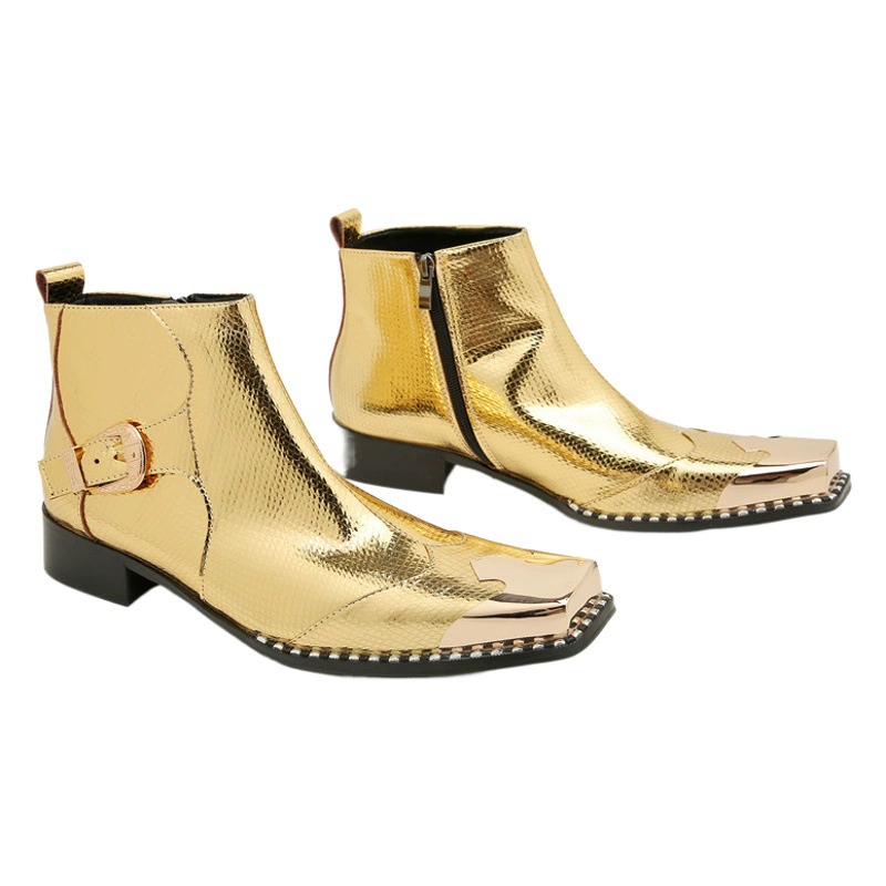 Ботинки Челси 2023 Европейская и американская молодежная мода Личность заостренная Золотая боковая молния брендовые ботинки Martin из воловьей кожи