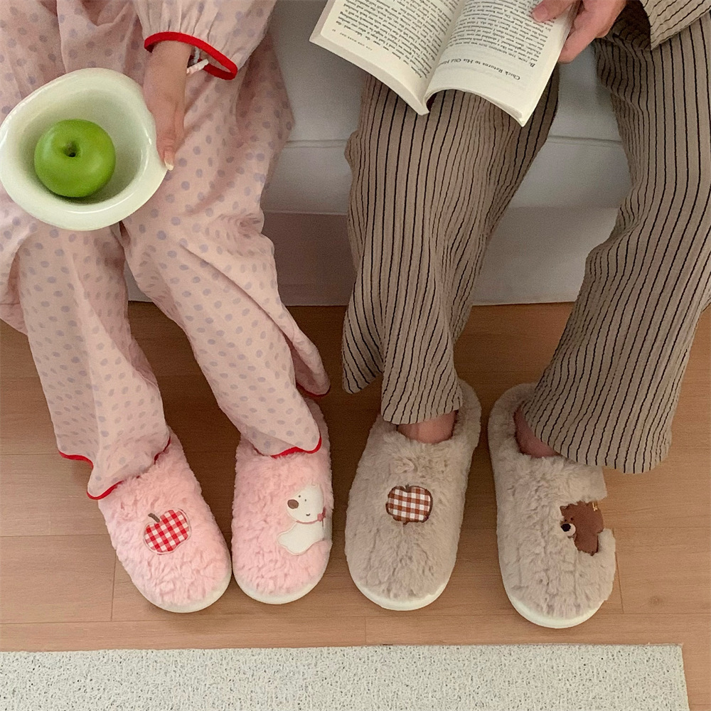 保暖情侣可爱苹果小狗趣味卡通毛毛棉拖鞋男女ins舒适冬季月子鞋
