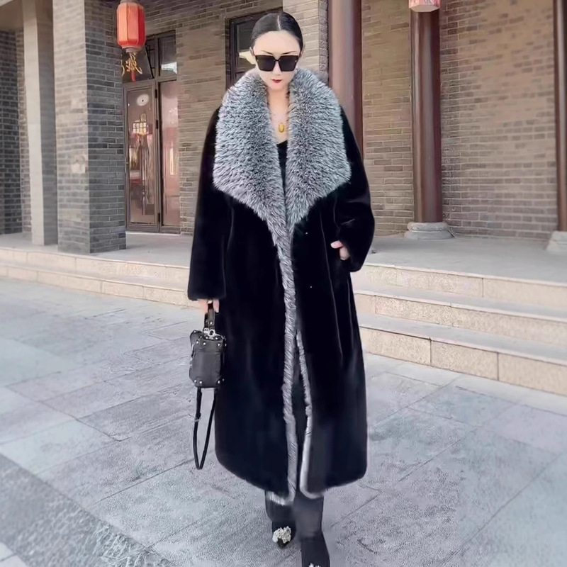 Mink Coat Women's Mink Velvet Slim Long Oversized Silver Fox Fur Collar Whole Mink Mink Fur Outwear