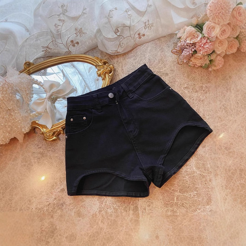 Lady's Summer New Black Denim Short Shorts with Long Legs, High-Waisted, Slimming, Asymmetrical, Bustier, Elastic, Trendy Hot Pants