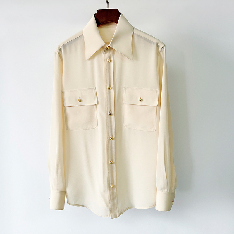 Champagne Color Metal Button Silk Shirt 18MM Double Pocket Single-breasted Mulberry Silk Shirt Women Champagne Color Metal Button Silk Shirt 18MM Double Pocket Single-breasted Mulberry Silk Shirt Women