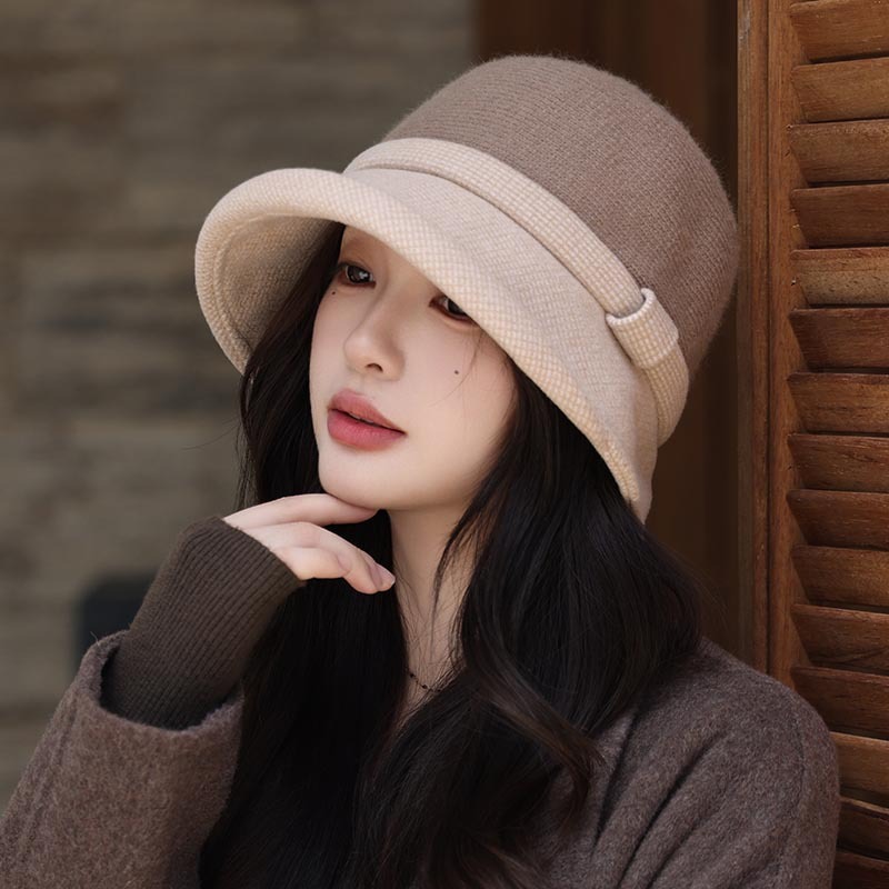新款时尚百搭翘檐盆帽女士复古气质百搭千鸟格渔夫帽秋冬季保暖帽|undefined