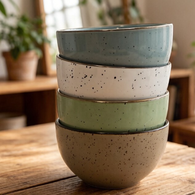 Vintage Kiln-Fired Ceramic Bowl Set with Black Edges, Unique Speckled Rice Bowls Available in Multiple Colors