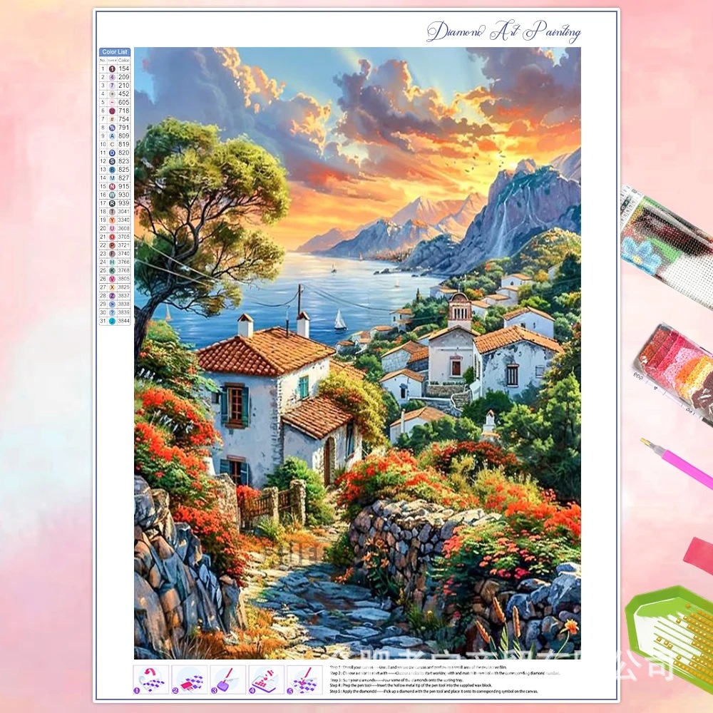 Venta caliente transfronteriza dibujos animados ciudad de bricolaje casa paisaje lleno de diamantes sala de estar dormitorio decoración pegatinas fabricante de pintura de diamantes