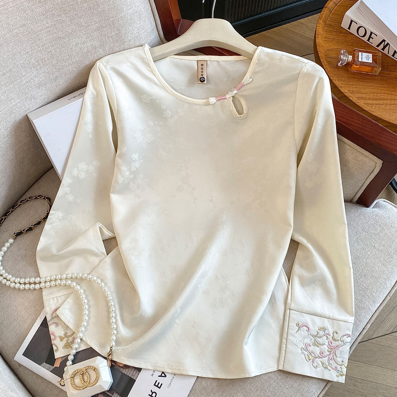 桑蚕丝新中式上衣女高端真丝重工刺绣小衫改良国风提花长袖衬衫秋|undefined