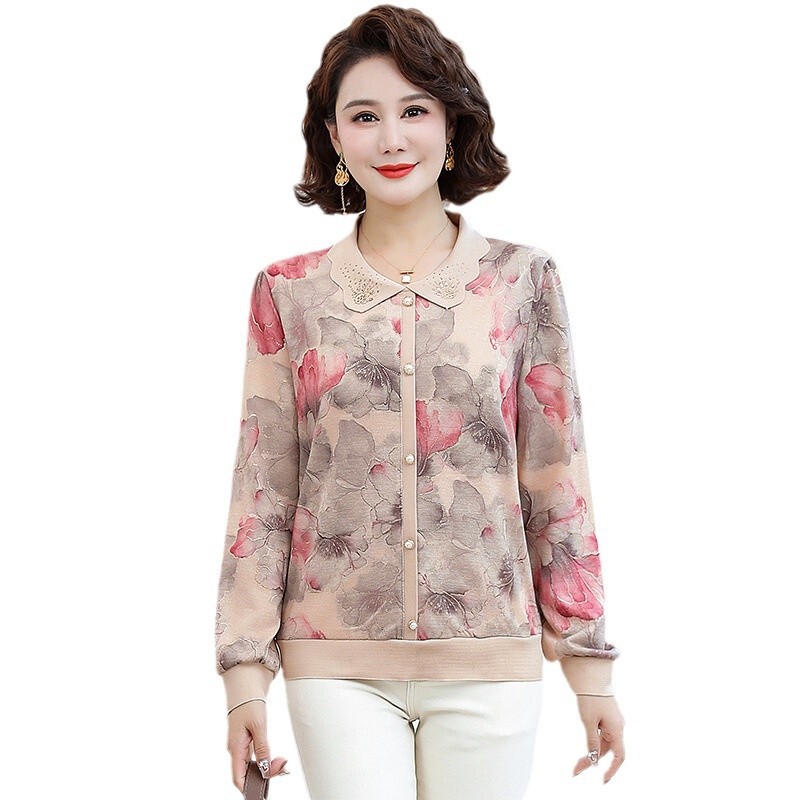Middle-aged and elderly women's clothing mother's early autumn western style top middle-aged women's autumn clothing outer wear spring and autumn lapel temperament T-shirt small shirt
