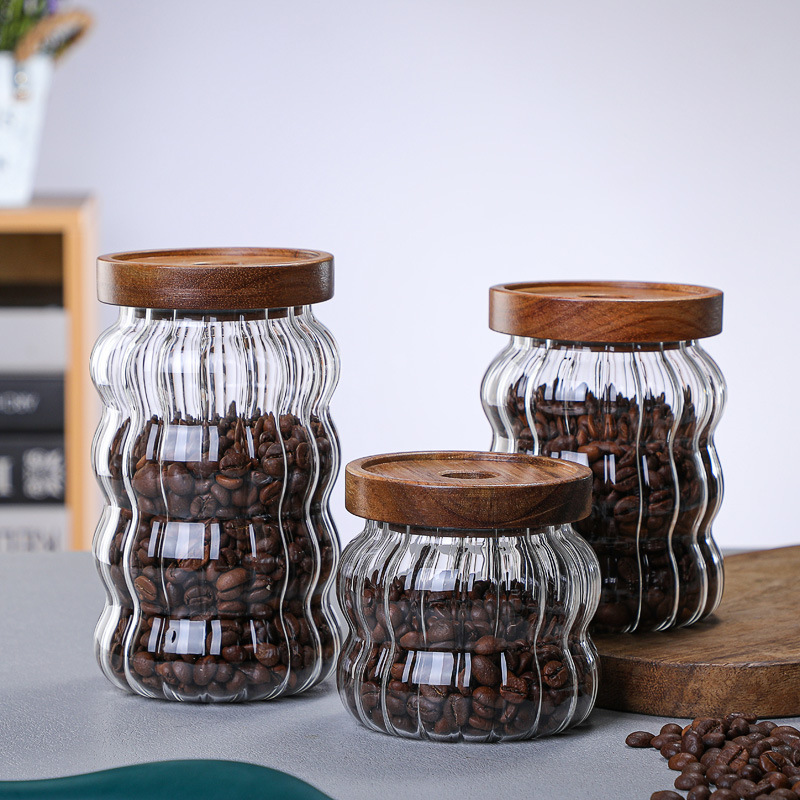 Acacia Wood Cover Glass Storage Jar Transparent Storage Storage Jar Food Coffee Bean Tea Sealed Jar