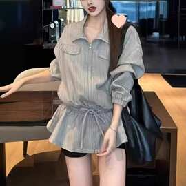 复古条纹立领长袖开衫外套女春季美式宽松中长款夹克休闲气质上衣