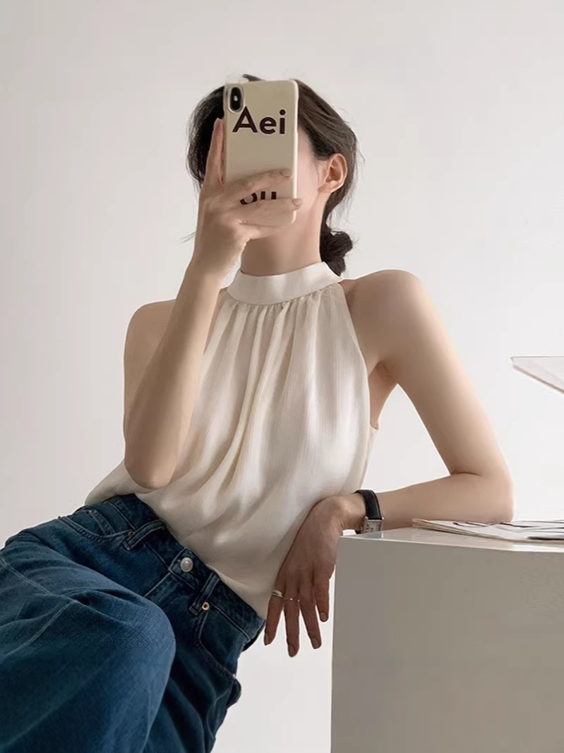 Áo sơ mi nữ chất liệu voan trắng kiểu Pháp, thiết kế cổ quàng hở vai — đen