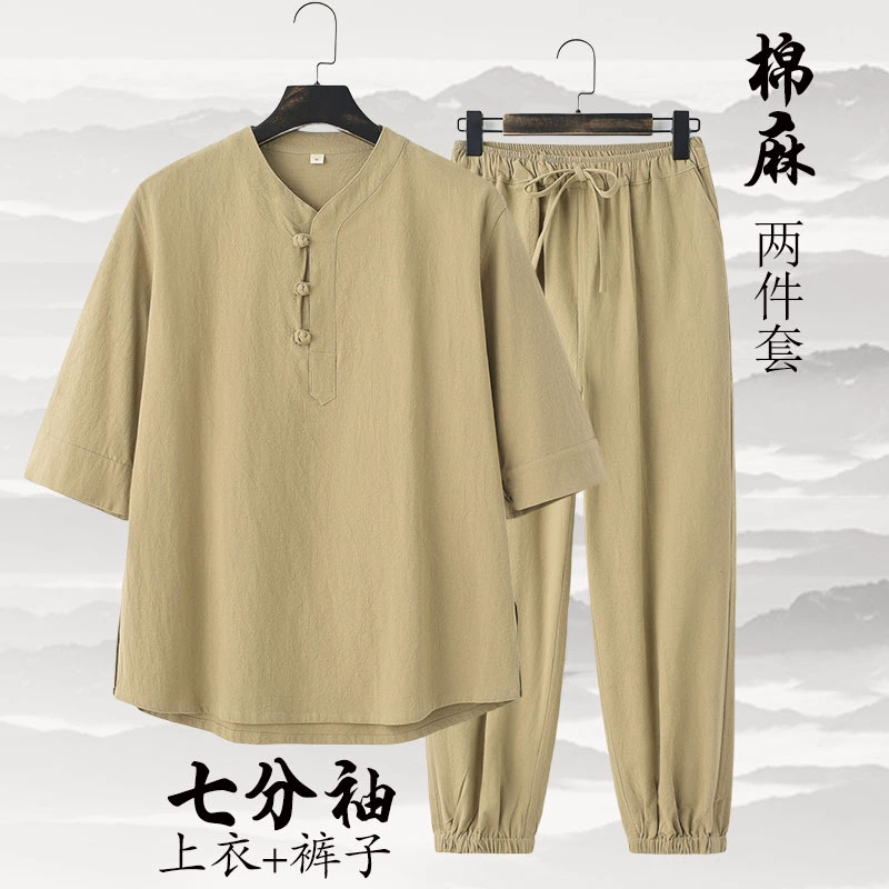 Комплект из хлопковой и льняной футболки с коротким рукавом, мужская одежда в китайском стиле, костюм Тан, мужская рубашка в китайском стиле на пуговицах, ретро, рукав три четверти, новый китайский стиль.