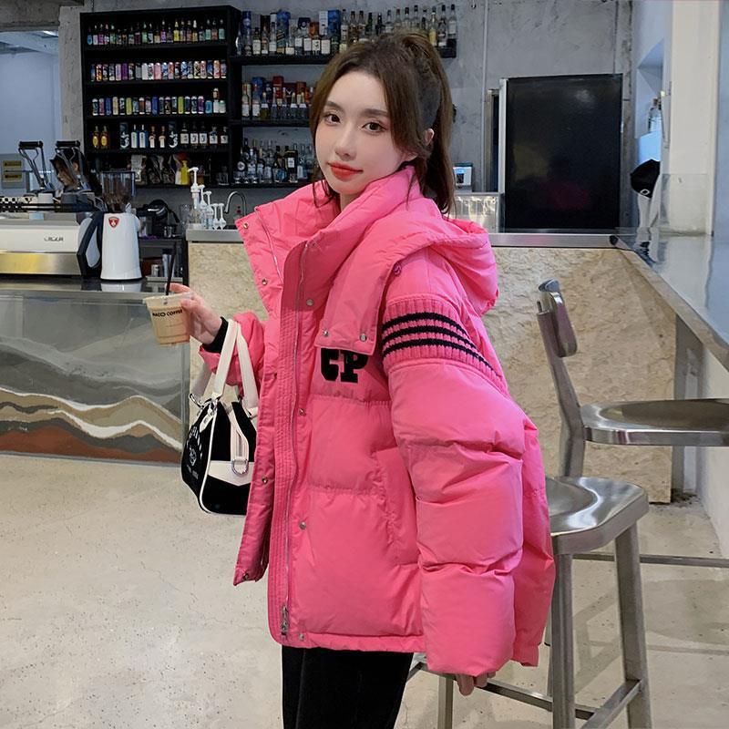 Red short knitted down jacket