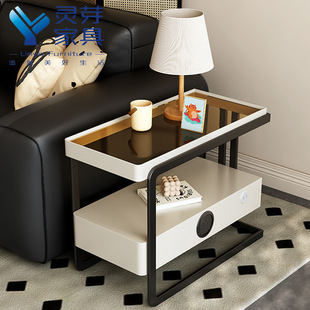 Sofa Side Table, Light Luxury and High-End Living Room, Movable Coffee Table, Trolley, Bedside Table, Glass Storage Rack, Side Cabinet