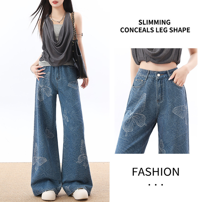 Women's Wide-Leg Jeans 2026 Embroidered Silver Butterfly Pattern High-Waisted Slimming Fashionable Straight-Leg Floor-Length Jeans Women's Wide-Leg Jeans 2026 Embroidered Silver Butterfly Pattern High-Waisted Slimming Fashionable Straight-Leg Floor-Length Jeans