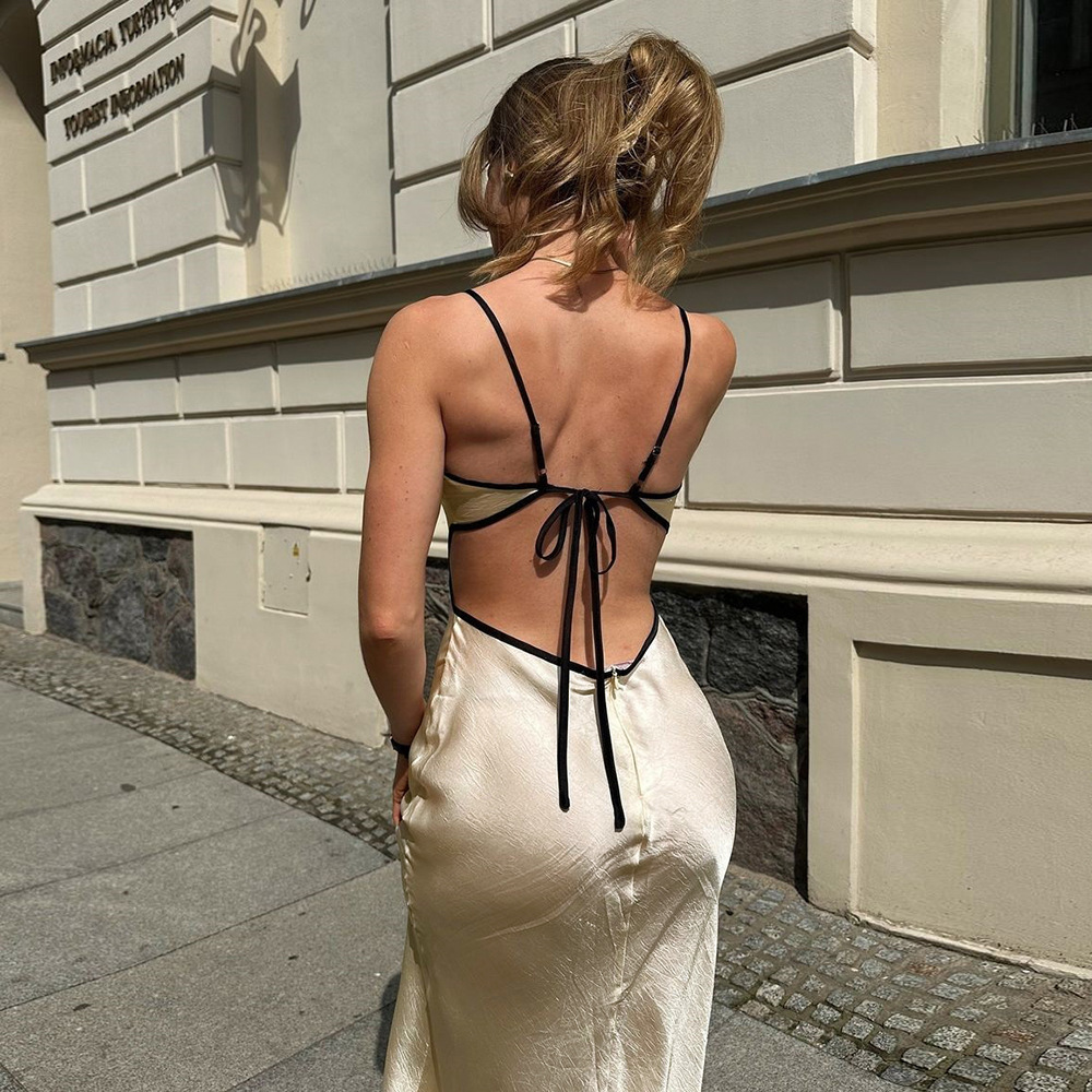 51270 Nazada Printemps/Été Fille Chaude Robe Femme Nouveau Produit Couleur Contrastante Minceur Sangle Dos Nu Sac Cou Suspendu_voghion.com