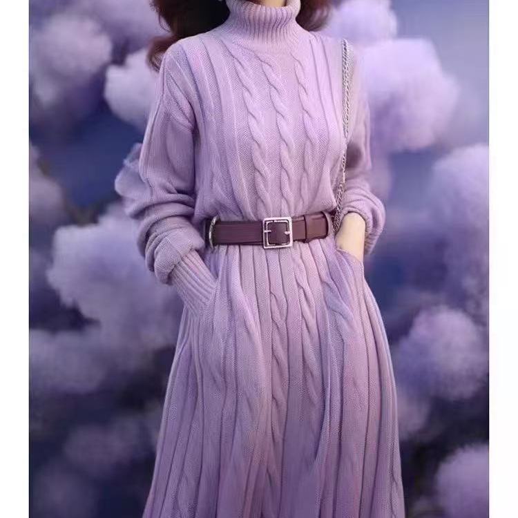 气质名媛超好看高领绞花针织连衣裙女轻奢高级感毛衣打底长裙冬季|undefined