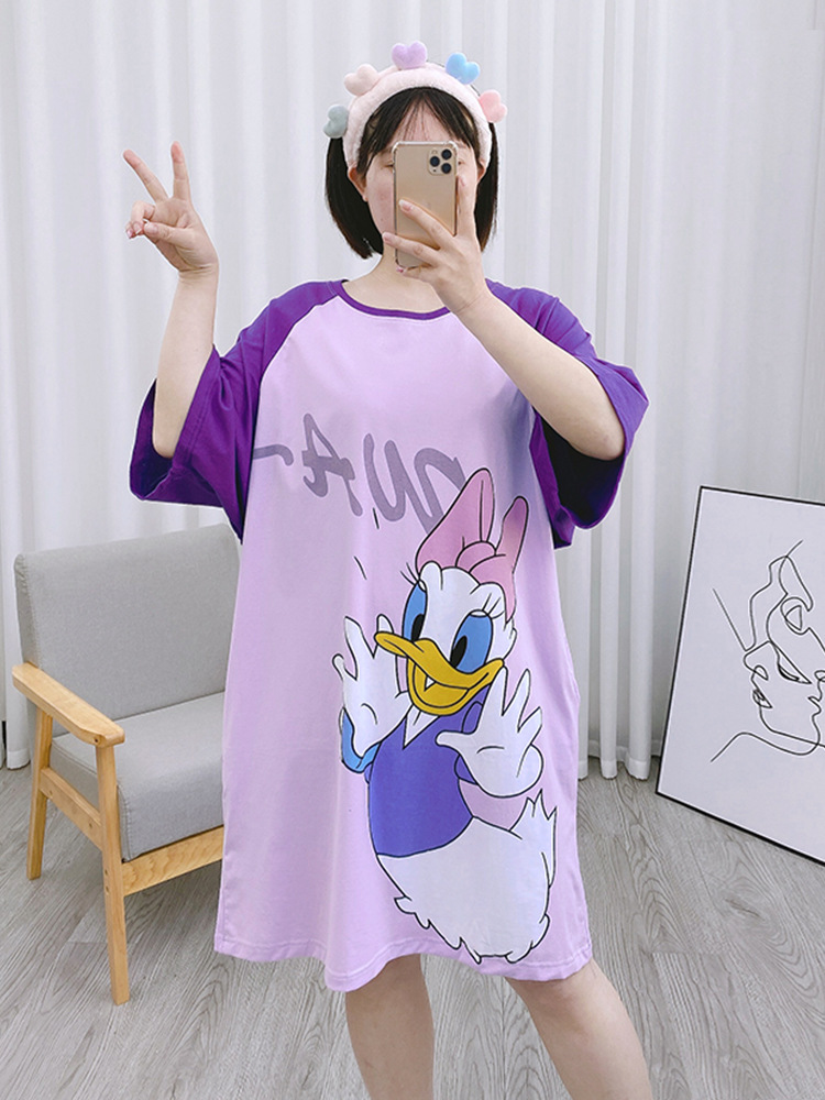 Pijama de verano camisón delgado de manga corta para mujer puesto de dibujos animados lindo estudiante suelto vestido MIDI de una pieza ropa para el hogar