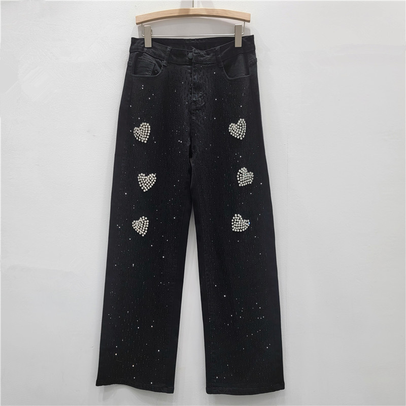 2025 otoño nuevo estilo americano marca de tendencia suelta rectas pantalones vaqueros negros lavados con agua amor caliente perforación pantalones de piernas anchas mujeres image 4