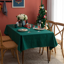 乐轩秀新品圣诞复古绿格北欧INS棉麻长方形桌布台布茶几盖布厂家