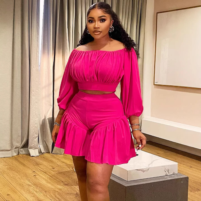 Cross-Border ‌   African Plus-Size Women's Clothing, Pleated Off-The-Shoulder Neckline, Fluffy Oversized Fashion Set for Plus-Size Women.