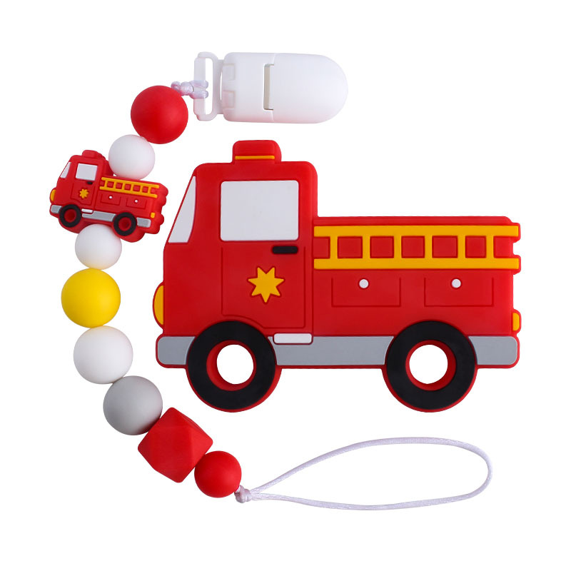 Suministros de bebé plástico clip duckbill camión bomberos juguete mordedor bebé calmante silicona chupete cadena dientes