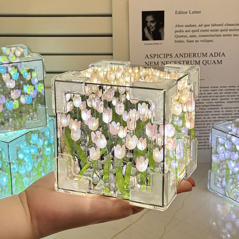 Kit de Materiales para Hacer una Lámpara de Noche con Espejo 3D en Forma de Cubo de Mar de Flores para el Día de San Valentín, Regalo Creativo de Cumpleaños para Novia