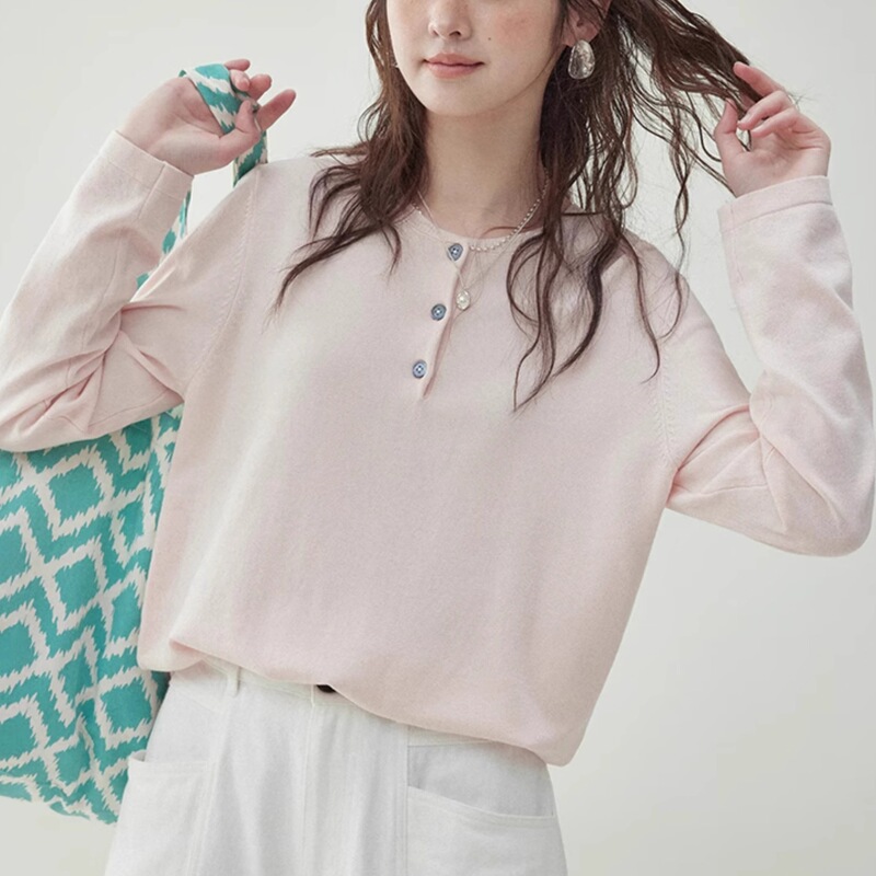 Beidao Pink Half-Button Round Neck Knitwear Women's Spring New White Long-Sleeved Top