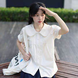 衬衫女夏装娃娃领泡泡袖设计感小众甜美超仙春日宽松上衣纯棉衬衣