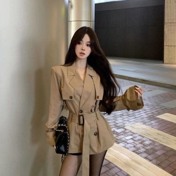 卡其色风衣外套女秋季2025新款长袖修身收腰双排扣中长款外搭上衣|undefined