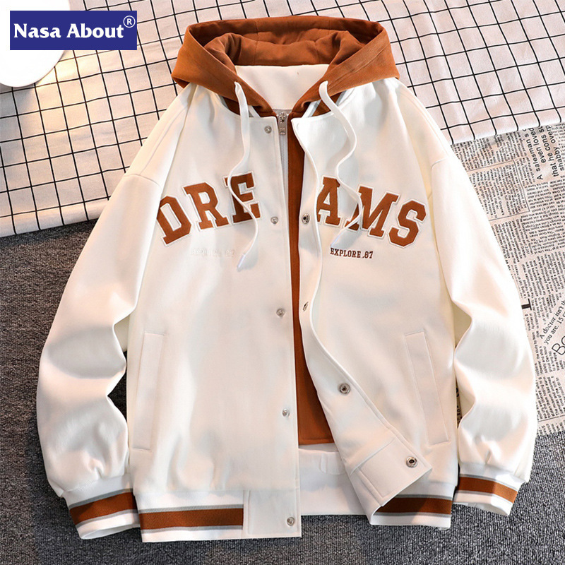 Nasa Co-Branded Jacket for Men, New Style with Lettering, Fleece-Lined Jacket, Casual Two-Piece Look, Autumn and Winter, Large Size, Versatile Trendy Brand