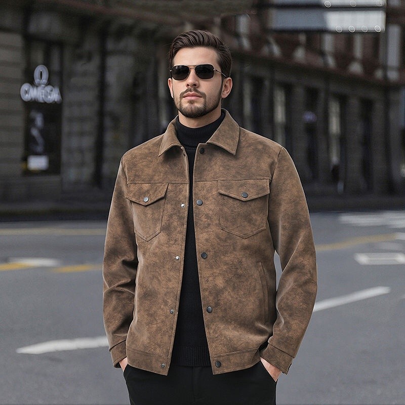 Cross-Border Wholesale New Style Men's Leather Jacket Trendy Casual Coat Vintage European and American Style Pu Leather Jacket with Turn-Down Collar Loose Fit