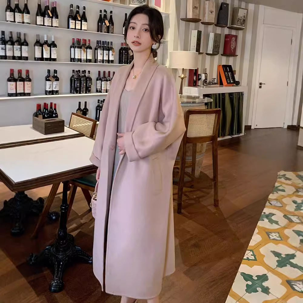 Fall/winter 2024 brown camel velvet lapel double-sided tweed coat loose lazy cocoon wool cashmere coat women