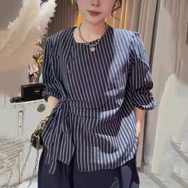 高端2025早秋高端时尚慵懒风上衣法式优雅轻熟风条纹设计感衬衫潮