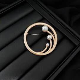 中古首饰Vintage圆环带标素金珍珠胸针胸花大衣复古别针丝巾扣女