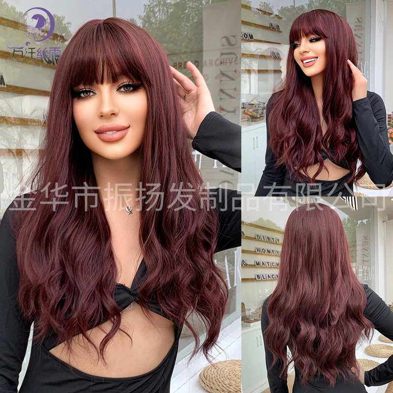 Wig for Women Cross-Border European and American Wig Full Headband with Bangs Big Wave Burgundy Wig High Temperature Silk Ready for Processing