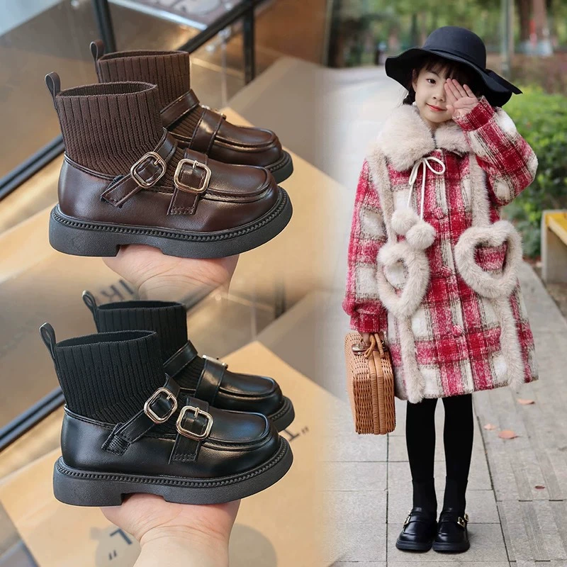 Детские сапоги, стильные сапоги-носки, новинка осени 2025, короткие сапоги в британском стиле для девочек, детские кожаные сапоги на мягкой подошве, одинарные сапоги