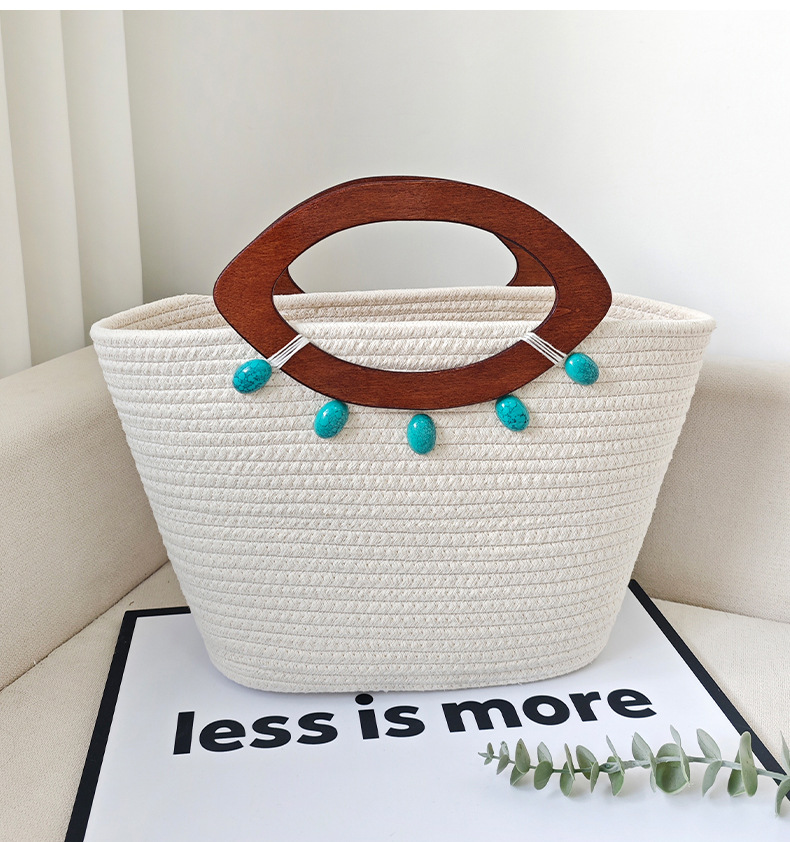 Vacation Style Square Shape Large Size Women's Large Cotton Color Block Vacation Weave Square Open Handbag