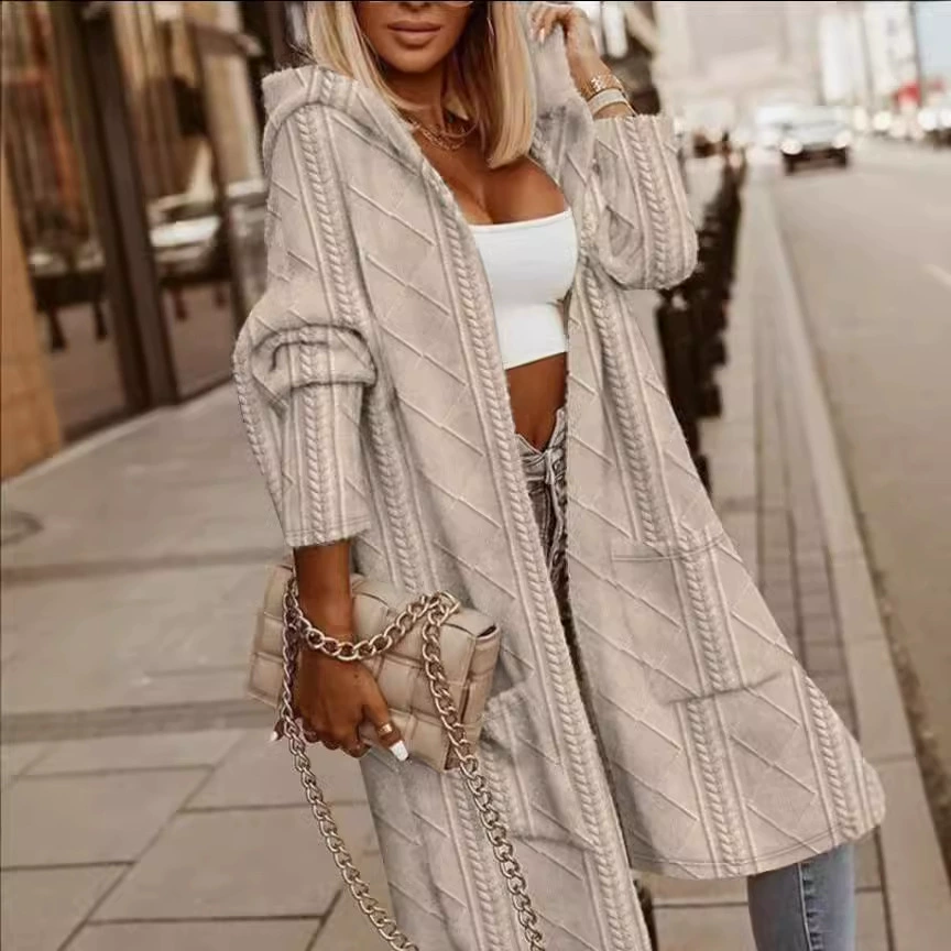 2024 осень и зима новый женский пальто Европа и США амазонка с цветочной текстурой с капюшоном карманы с длинными рукавами длинный плащ женский плащ